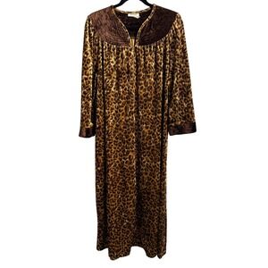 VTG CW Classics Leopard Print Velvet Long Sleeve Robe Caftan Brown Animal Print